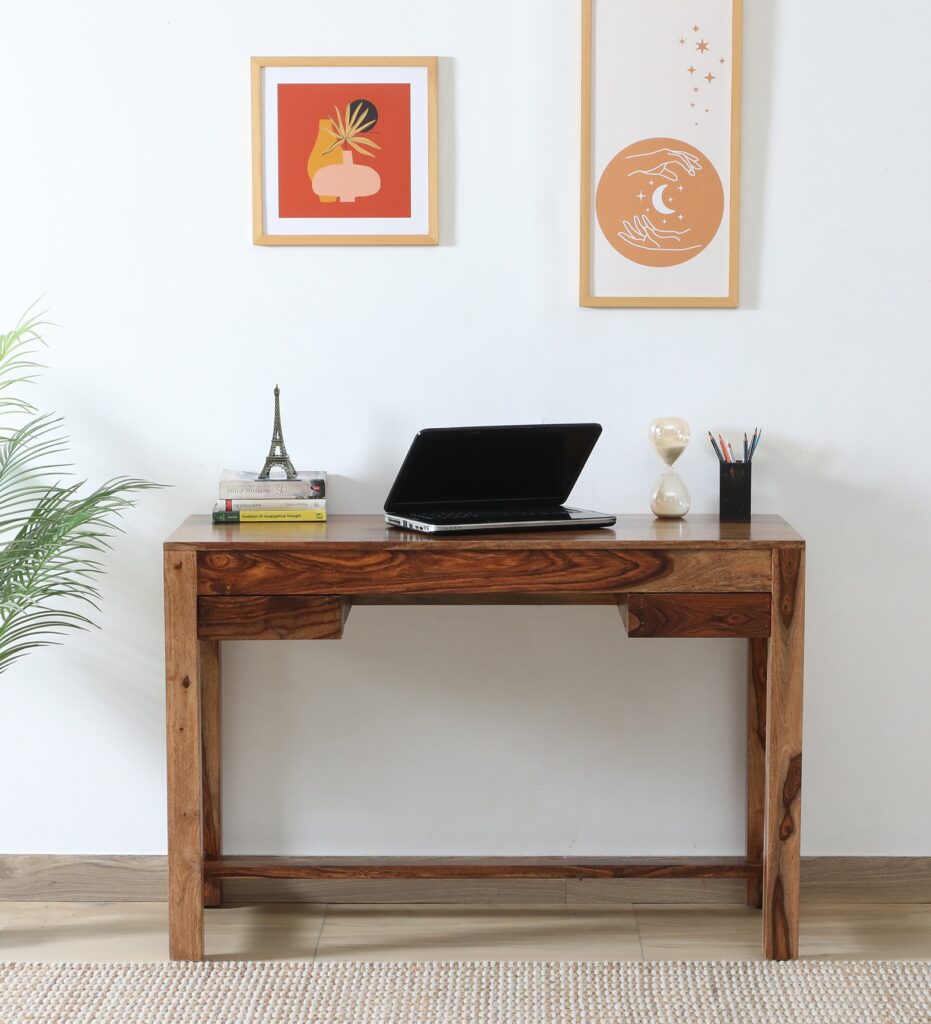 Claire Sheesham Wood Writing Table In Rustic Teak Finish jk dream living