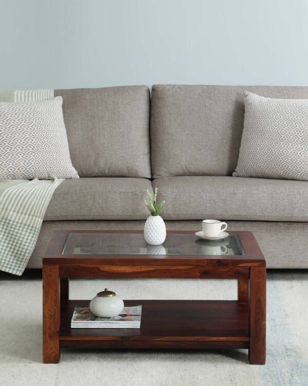 Verbania Sheesham Wood Coffee Table In Honey Oak Finish With Glass Top jk dream living