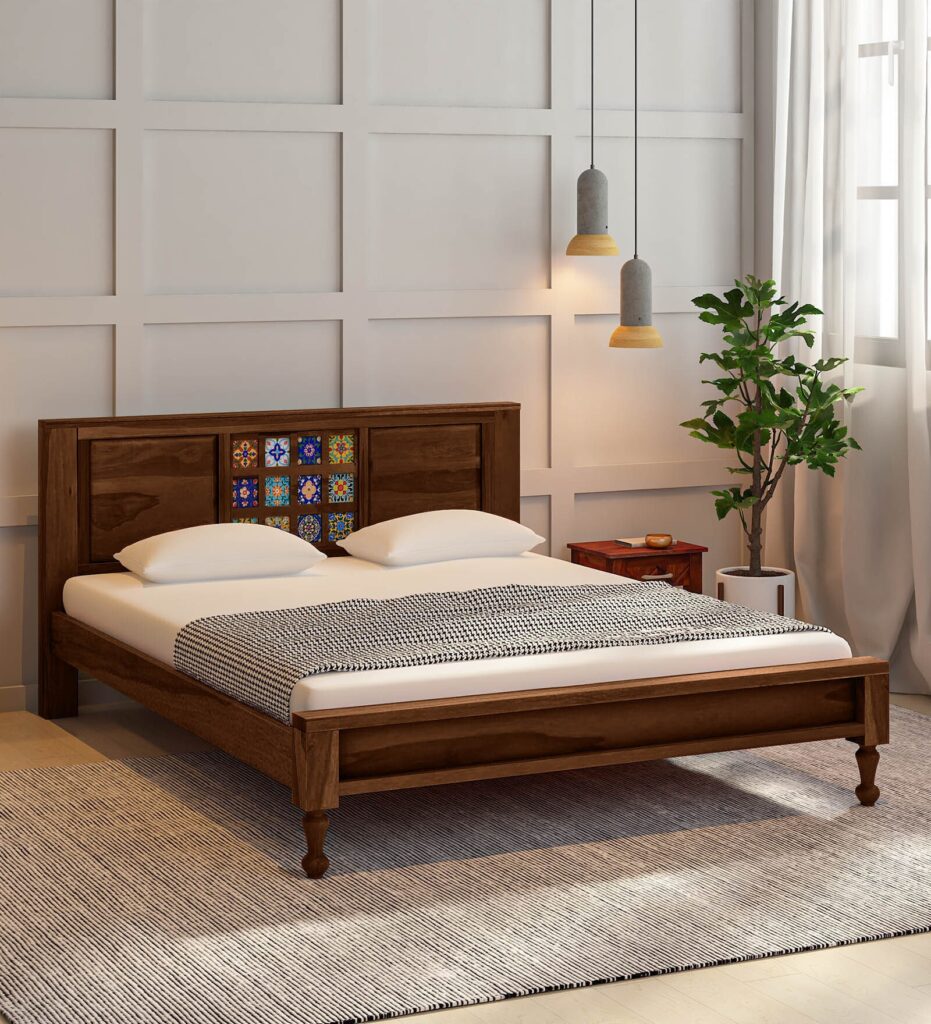 Dharohar Sheesham Wood Queen Size Bed In Provincial Teak Finish jk dream living