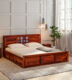 Dharohar Sheesham Wood King Size Bed In Honey Oak Finish With Box Storage JK DREAM LIVING