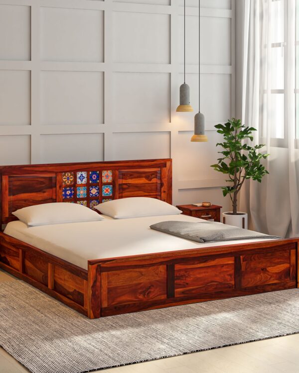 Dharohar Sheesham Wood King Size Bed In Honey Oak Finish With Box Storage JK DREAM LIVING