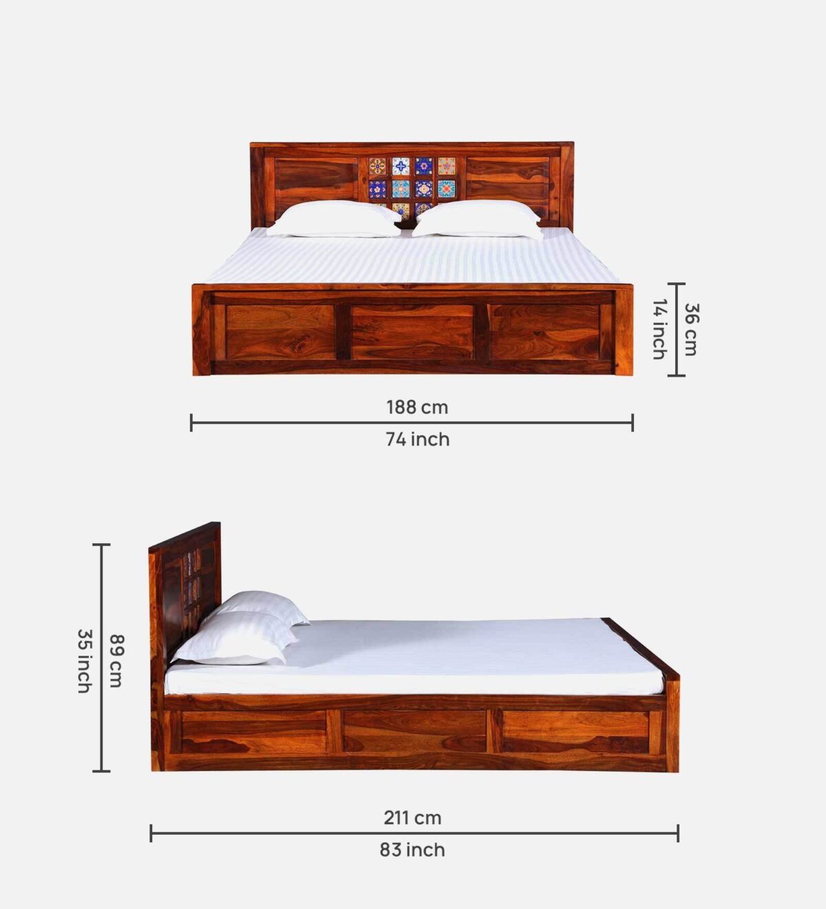 Dharohar Sheesham Wood King Size Bed In Honey Oak Finish With Box Storage JK DREAM LIVING