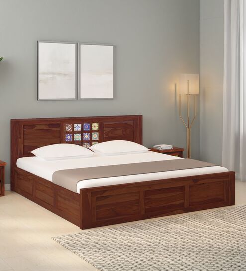 Dharohar Sheesham Wood King Size Bed In Provincial Teak Finish With Box Storage jk dream living