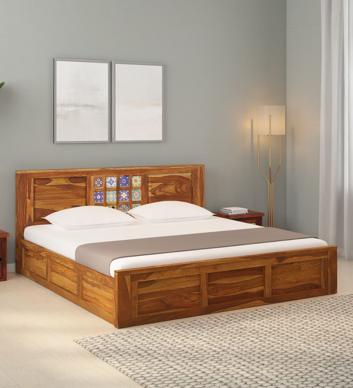 Dharohar Sheesham Wood King Size Bed In Rustic Teak Finish With Box Storage jk dream living