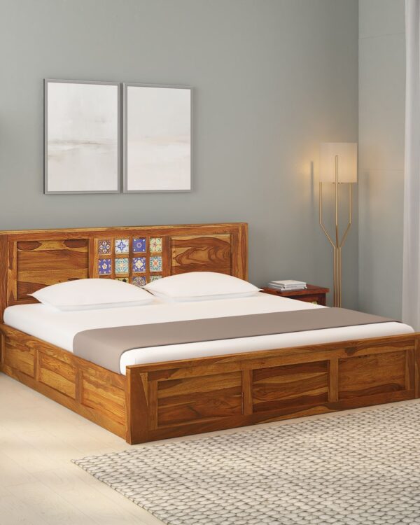 Dharohar Sheesham Wood King Size Bed In Rustic Teak Finish With Box Storage jk dream living