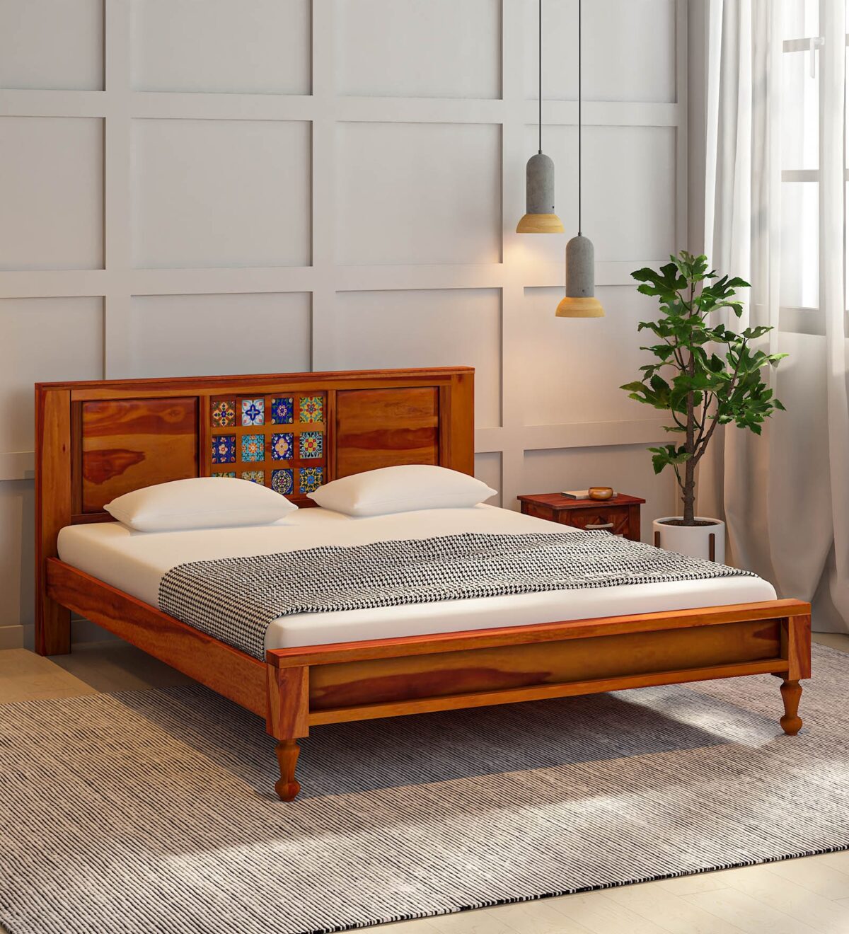 Dharohar Sheesham Wood Queen Size Bed In Honey Oak Finish