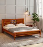 Dharohar Sheesham Wood Queen Size Bed In Honey Oak Finish