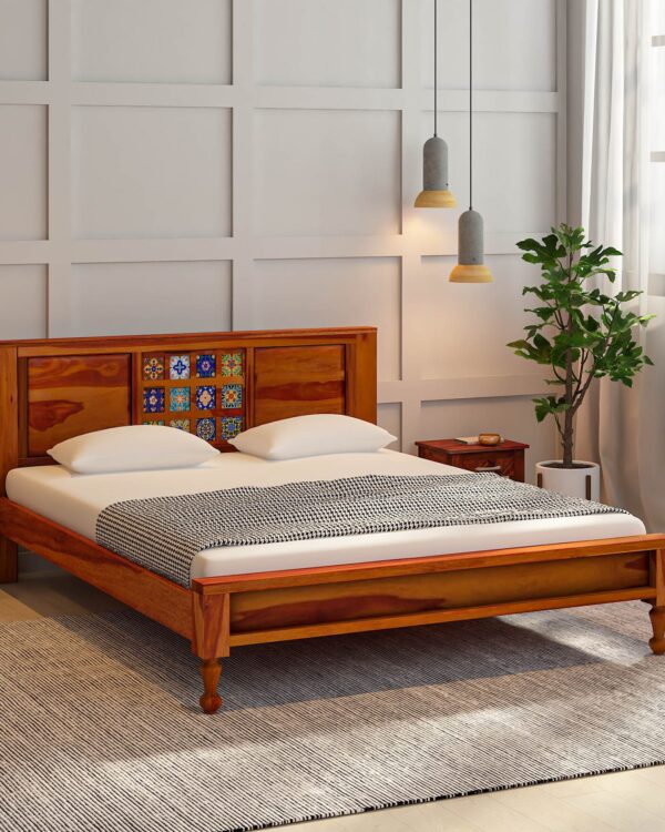 Dharohar Sheesham Wood Queen Size Bed In Honey Oak Finish