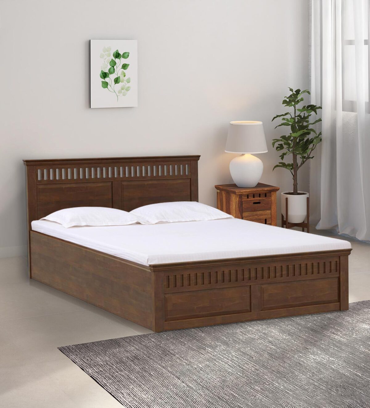 Sheesham Wood Queen Size Bed In Golden Brown Colour With Hydraulic Storage jk dream living