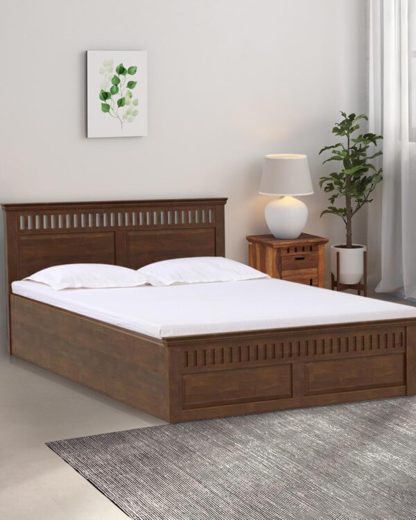 Sheesham Wood Queen Size Bed In Golden Brown Colour With Hydraulic Storage jk dream living