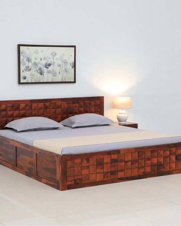 Diamond Sheesham Wood King Size Bed in Dark Brown Colour with Hydraulic Storage jk dream living