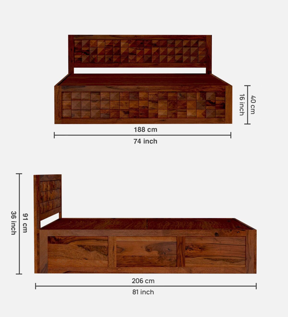 Diamond Sheesham Wood King Size Bed in Dark Brown Colour with Hydraulic Storage jk dream living