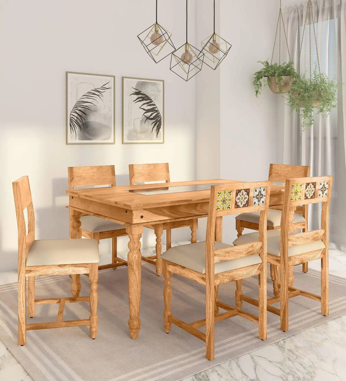 JK Solid Sheesham Wood 6 Seater Dining Set with Cushioned Chairs by JK Dream Living