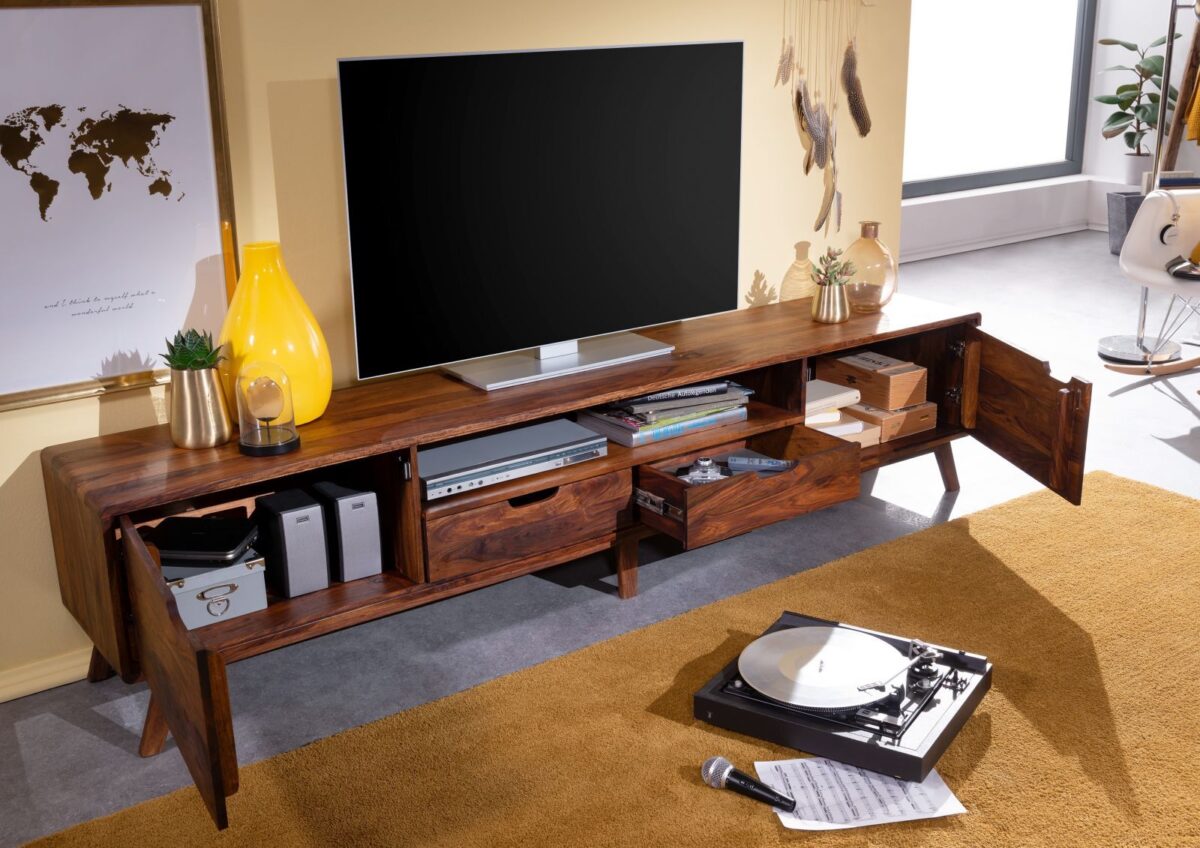 Tv unit with two doors and two drawers made of solid sheesham wood jk dearm living